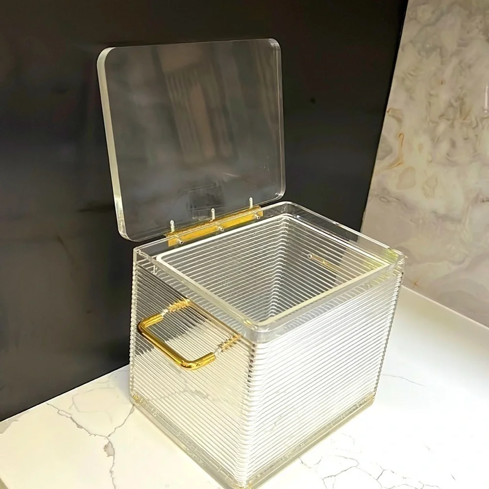 MCM Lucite Ribbed Rectangular 4.5L Ice Bucket Box Liner Goldtone Hardware